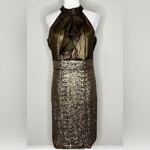 Antonio Melani Ruffle front metallic bronze brown & sequins Halter dress 4
